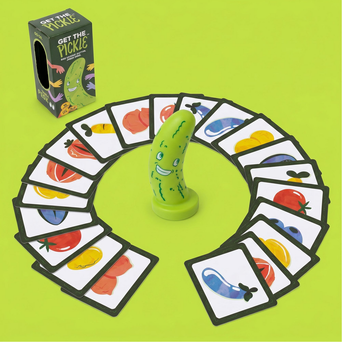 Get the Pickle board game set on a bright lime green background, featuring a green pickle-shaped spinner piece in the center, a circular arrangement of food-themed cards, and the product box in the upper left.