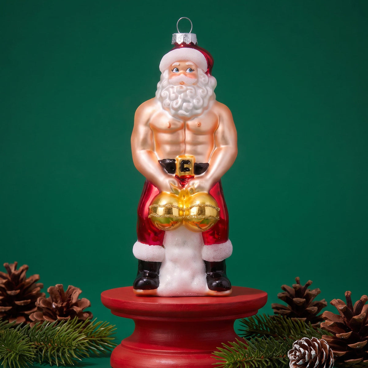 A novelty Christmas ornament figurine of a muscular Santa Claus holding gold bells, standing on a red pedestal against a dark green background with pine branches and pinecones.